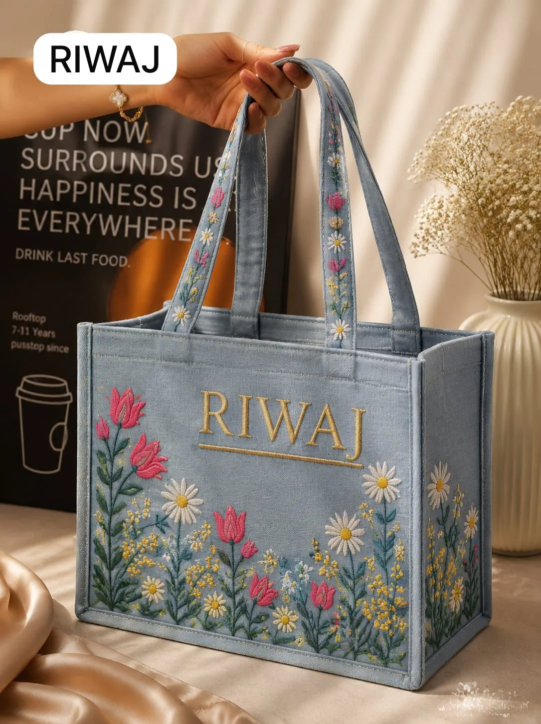 Riwaj Grey Floral Canvas Tote Bag