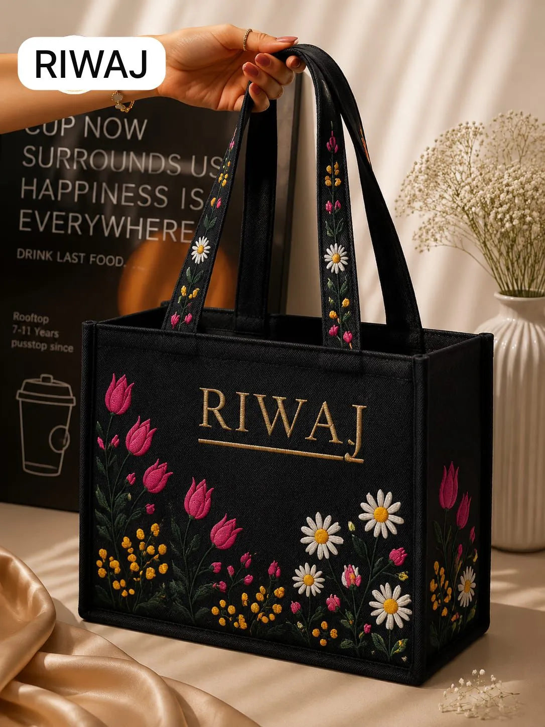 Riwaj Midnight Charm Black Canvas Tote Bag