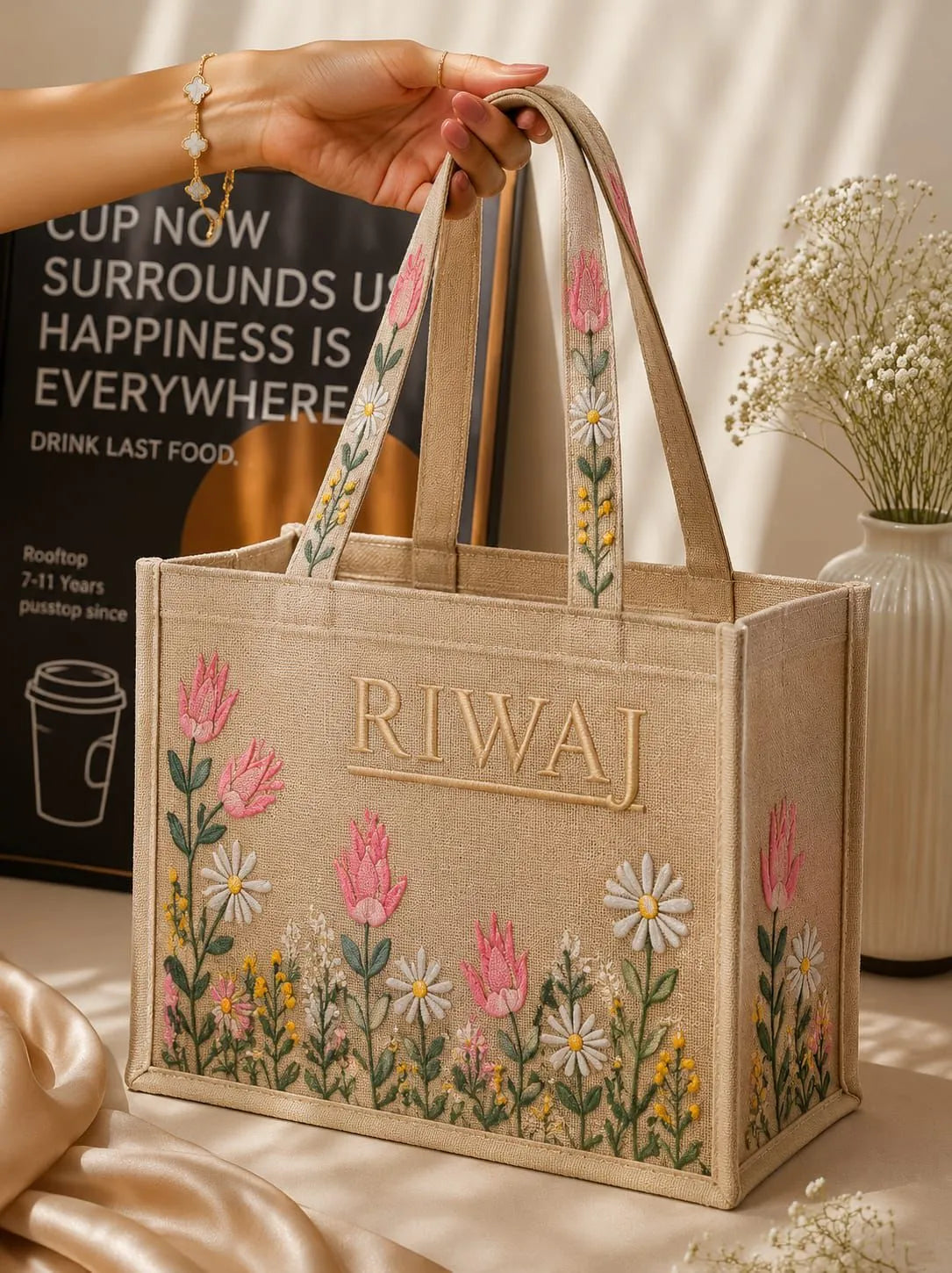 Riwaj Rosewood Bloom Brown & Pink Canvas Tote Bag
